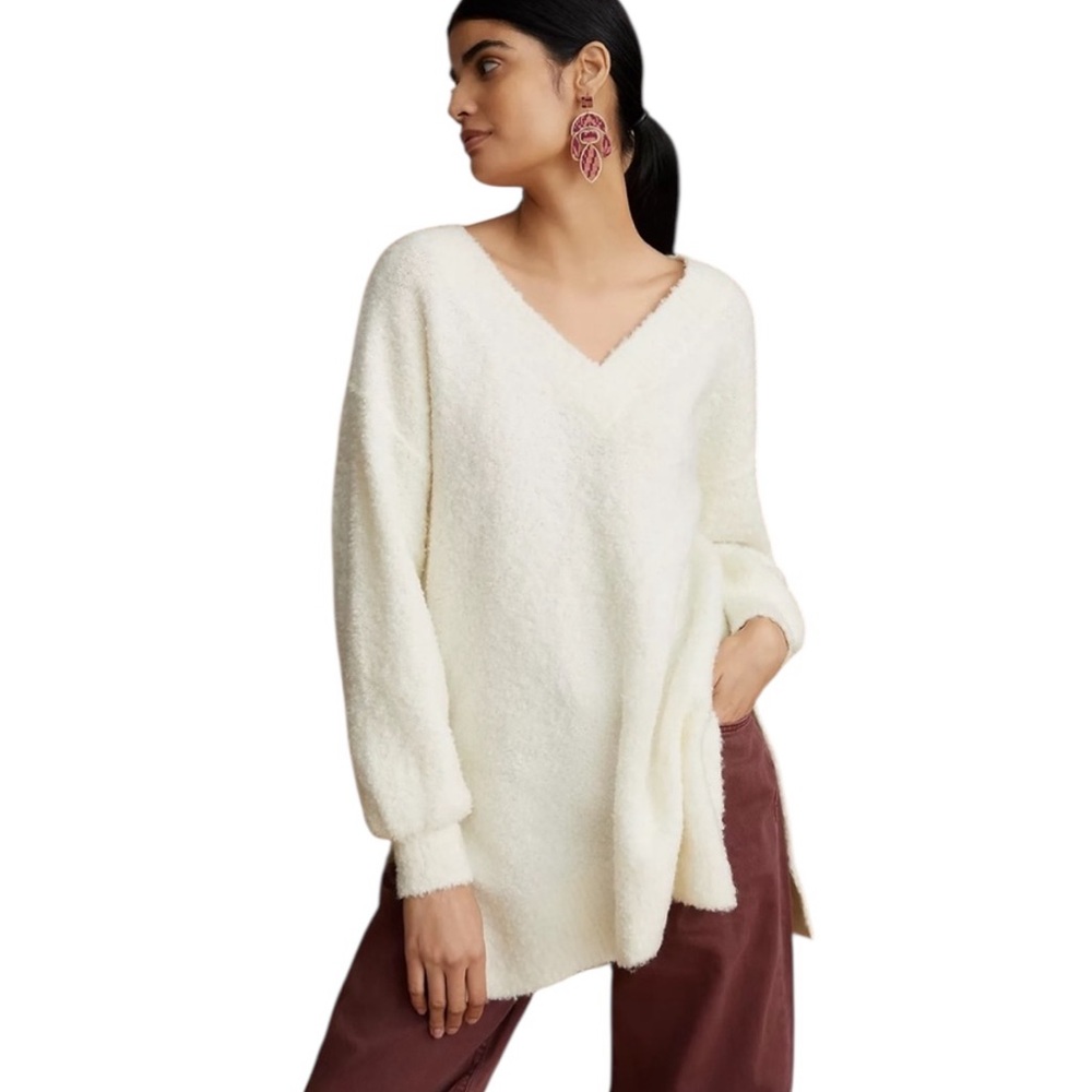 Anthropologie PILCRO Off White Teddy V-Neck Oversized Tunic Sweater - XS